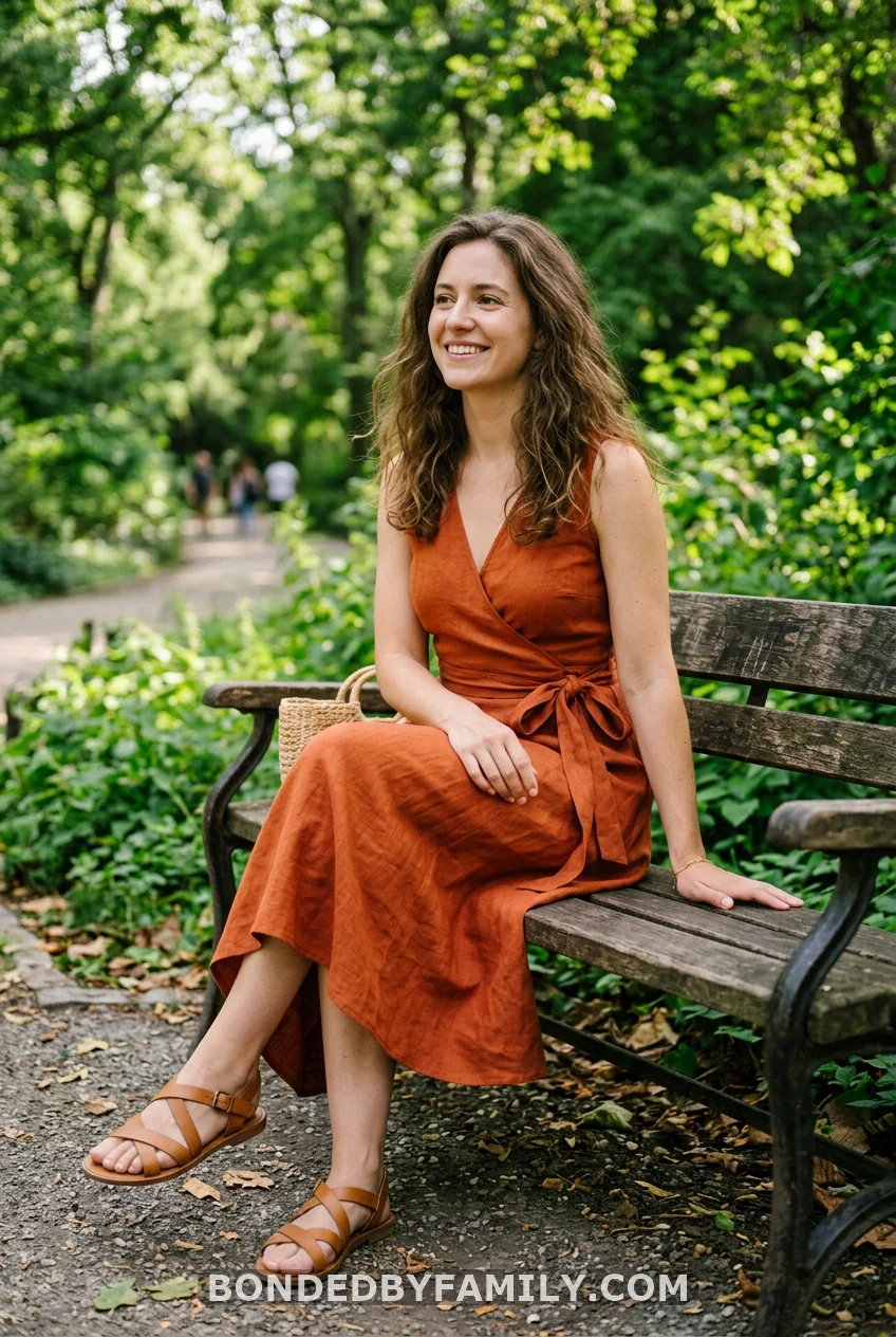Burnt Orange Wrap Dress Flat Strappy Sandals