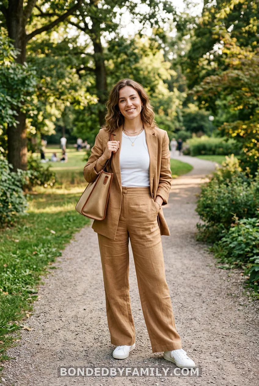 Linen Blazer Camel Wide-Leg Trousers White Sneakers