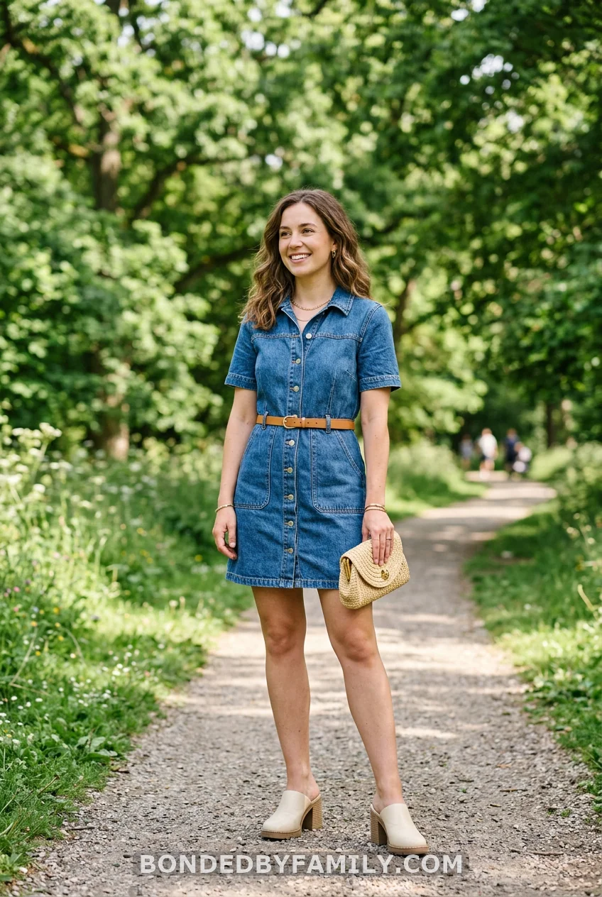 Denim Mini Dress Chunky Block Heel Mules