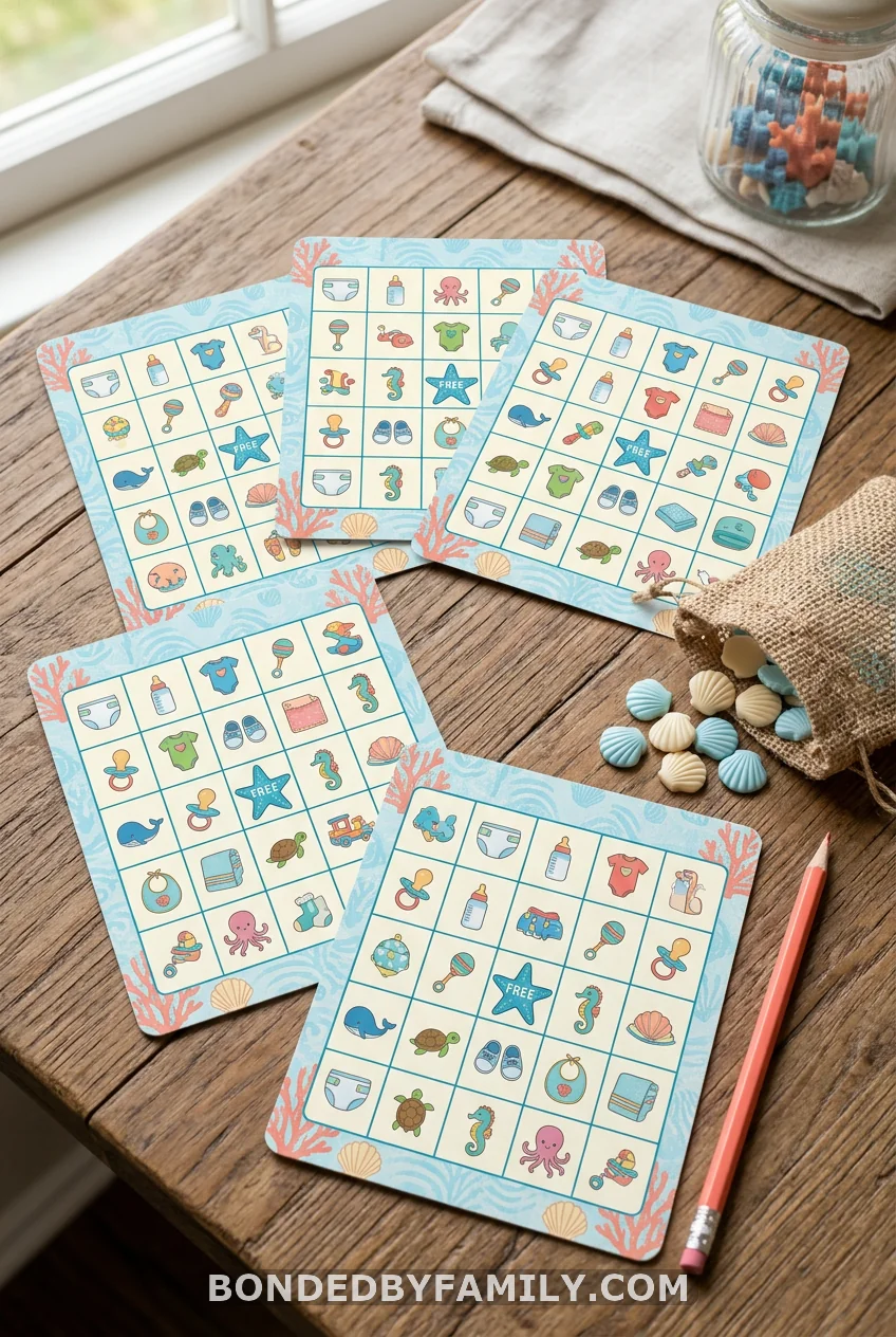 DIY "What's in the Ocean?" [Baby Shower Bingo](https://bondedbyfamily.com/baby-shower-games/)