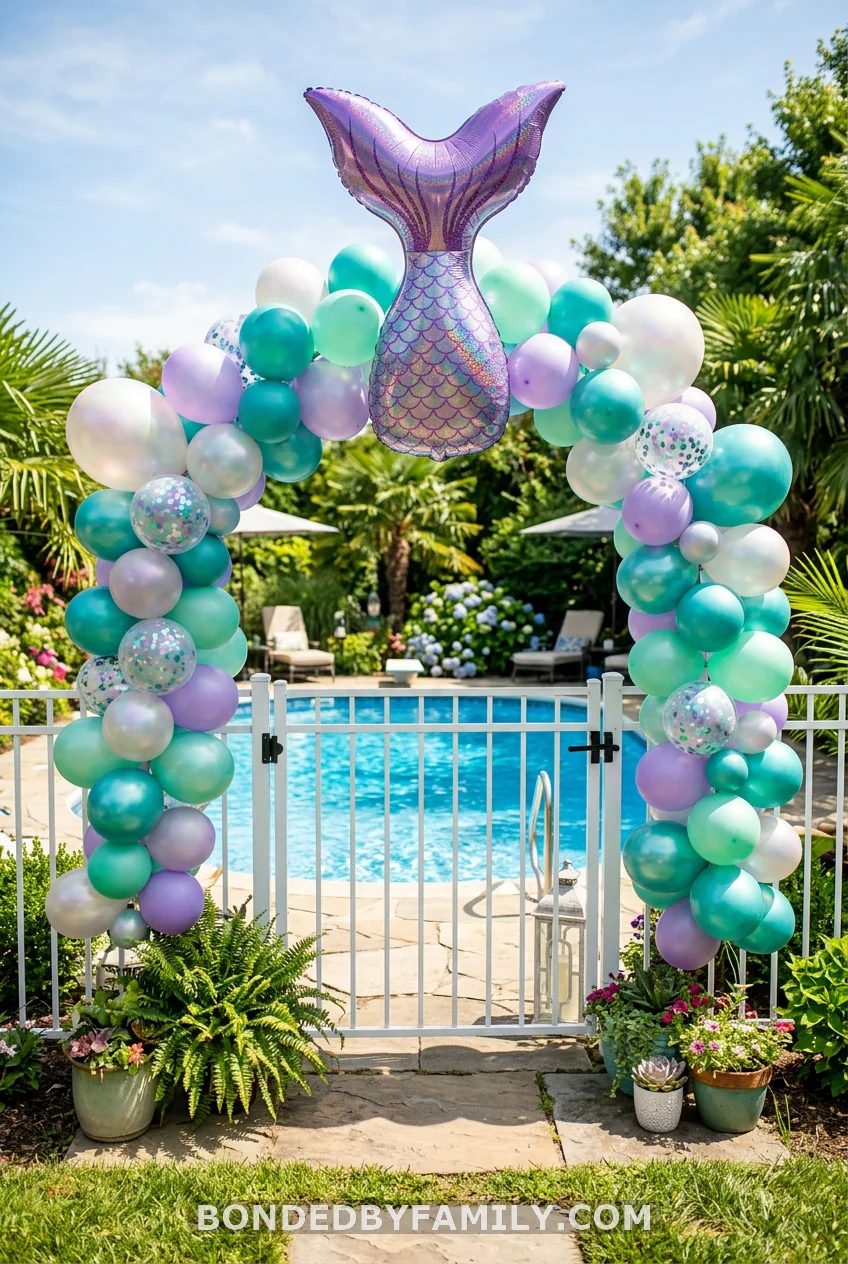Iridescent Balloon Arch Over the Pool Entry