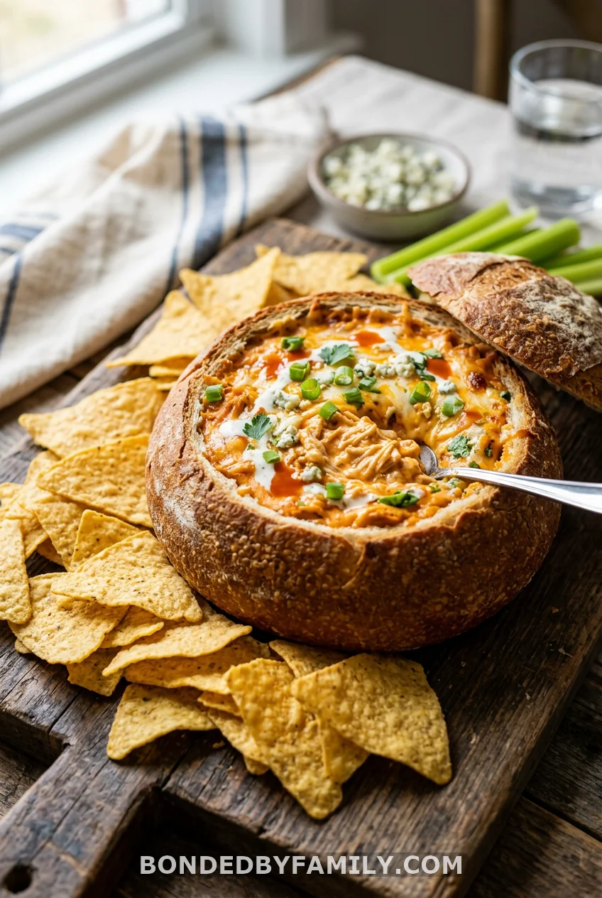 Buffalo Chicken Dip in a "Home Run" Bread Bowl