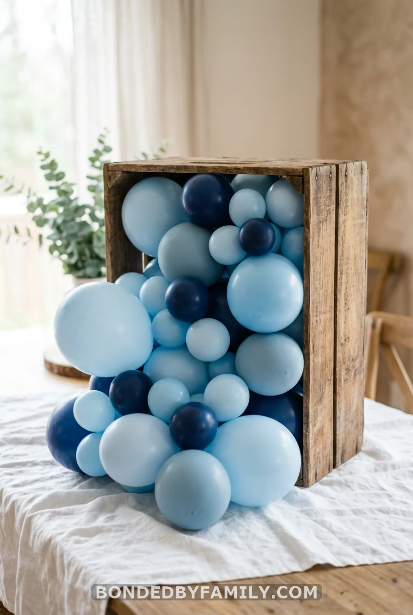 Blue Balloon Cascade in a Wooden Crate
