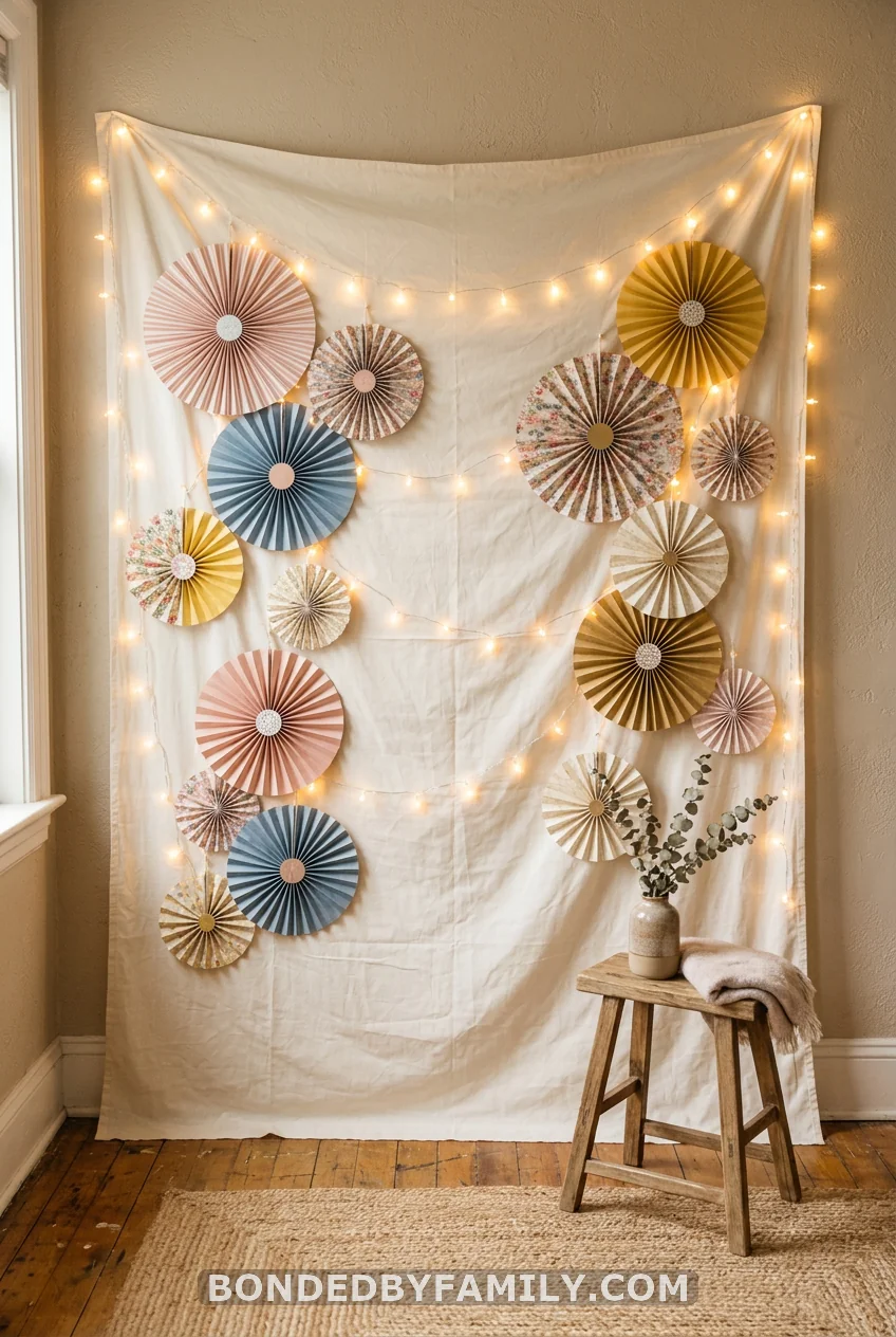 Photo Backdrop From a Bedsheet and Fairy Lights