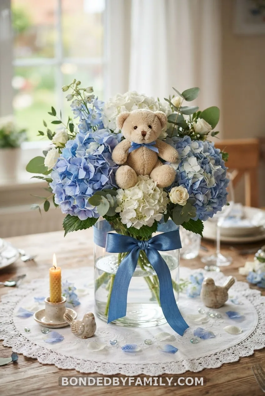Blue Teddy Bear Table Centerpieces with Florals