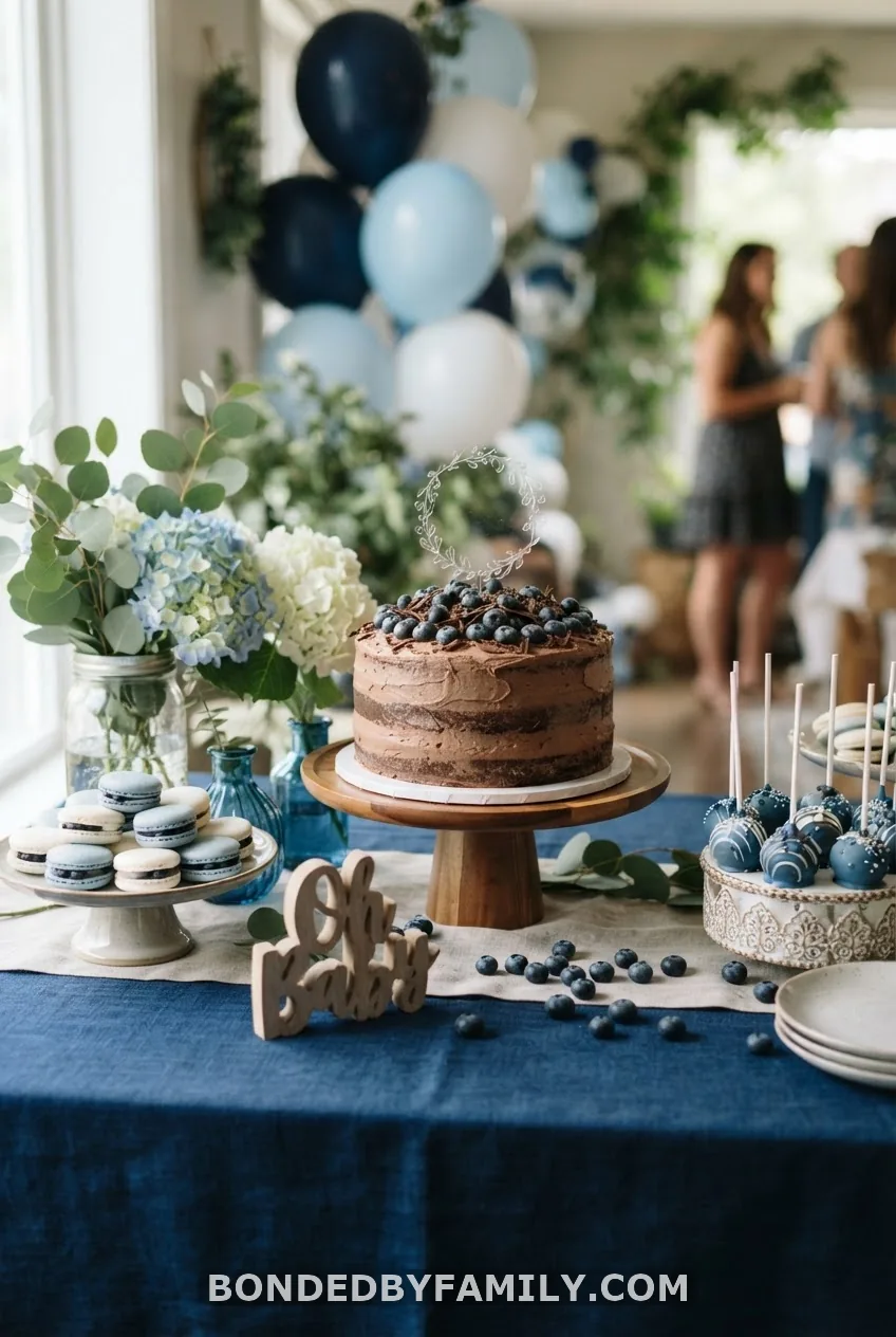 A Blueberry-Topped Cake and Full Dessert Table