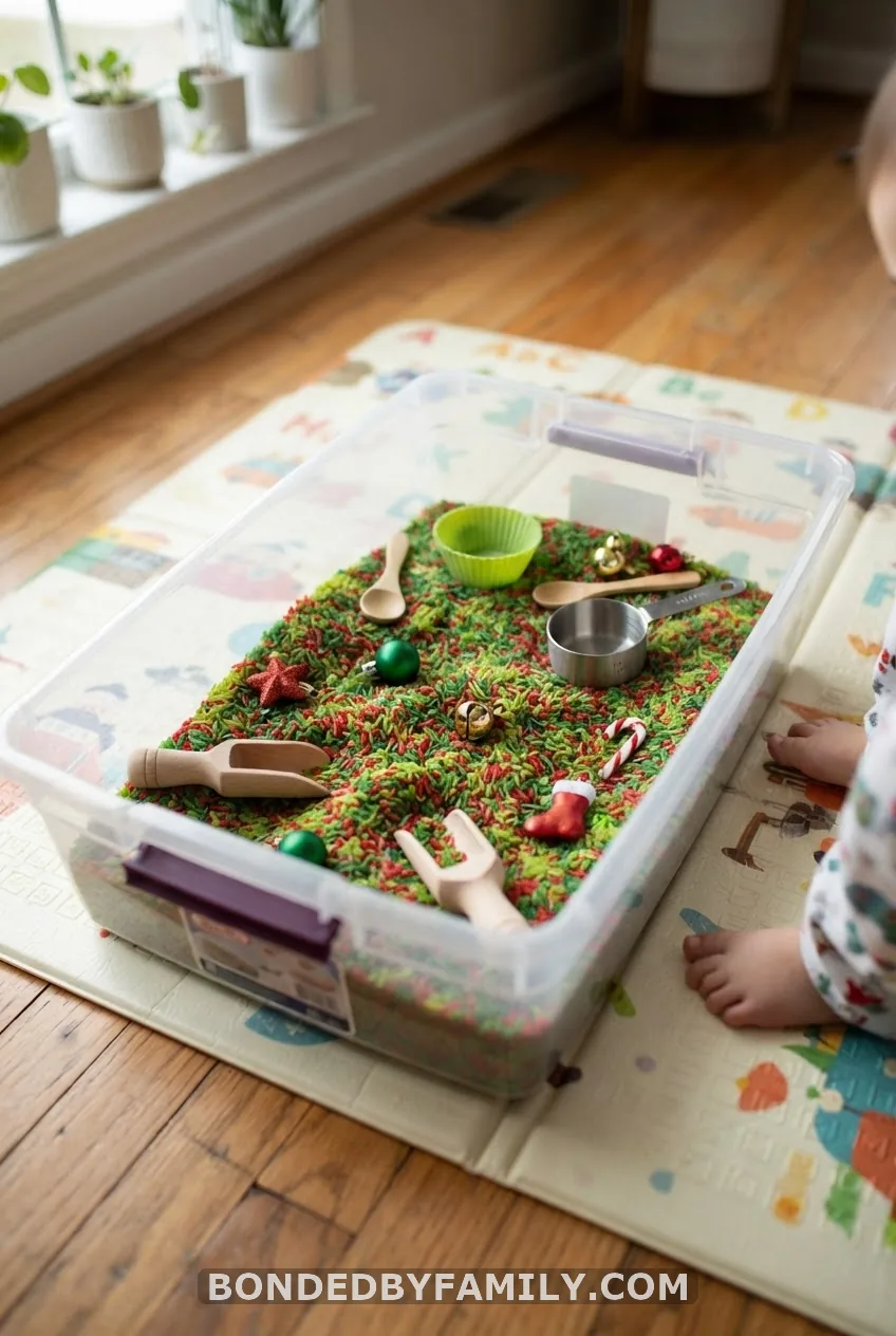 Dyed Rainbow Rice Christmas Sensory Bin