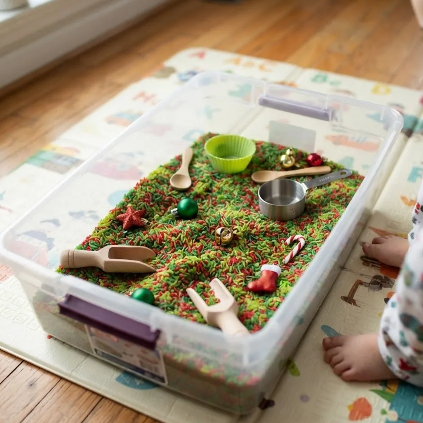 Dyed Rainbow Rice Christmas Sensory Bin