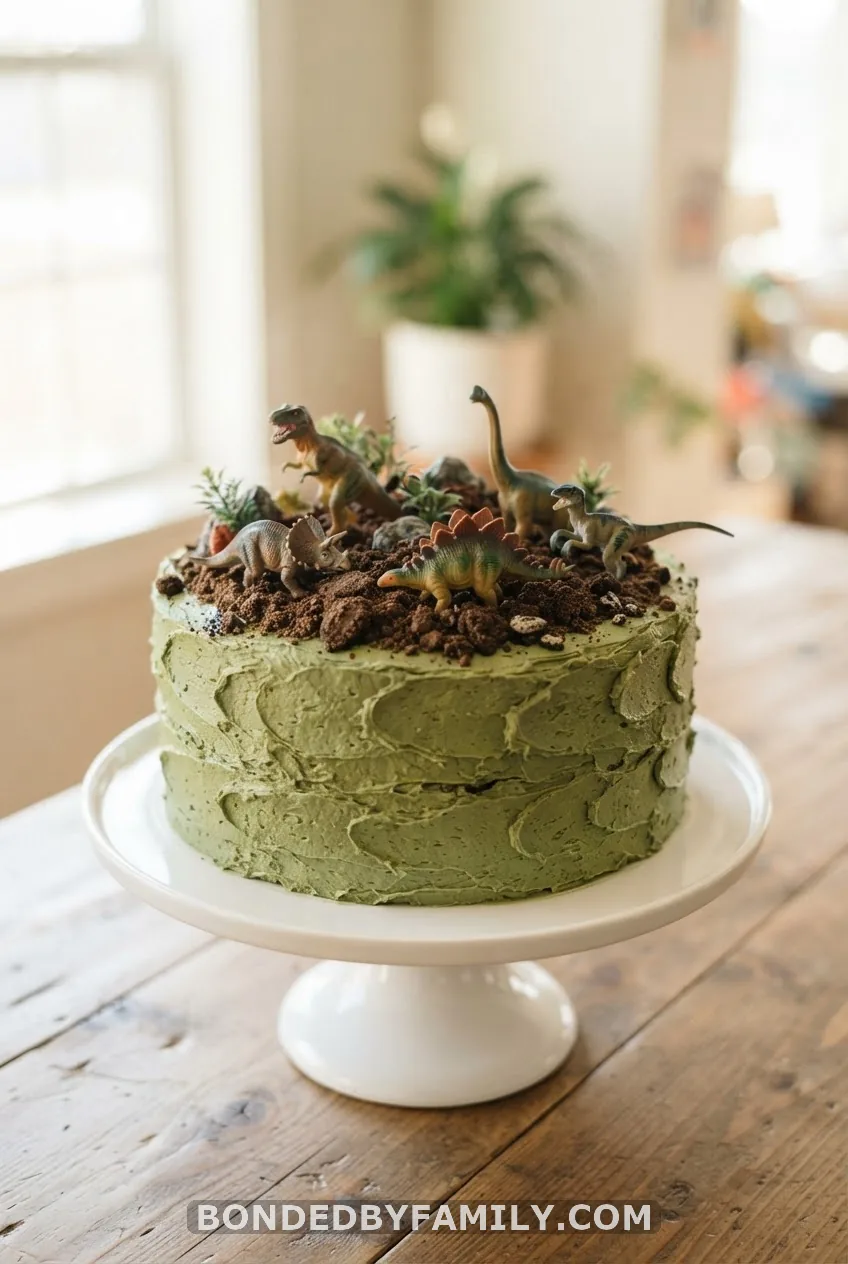 Classic Round Cake With a Plastic Dino Herd
