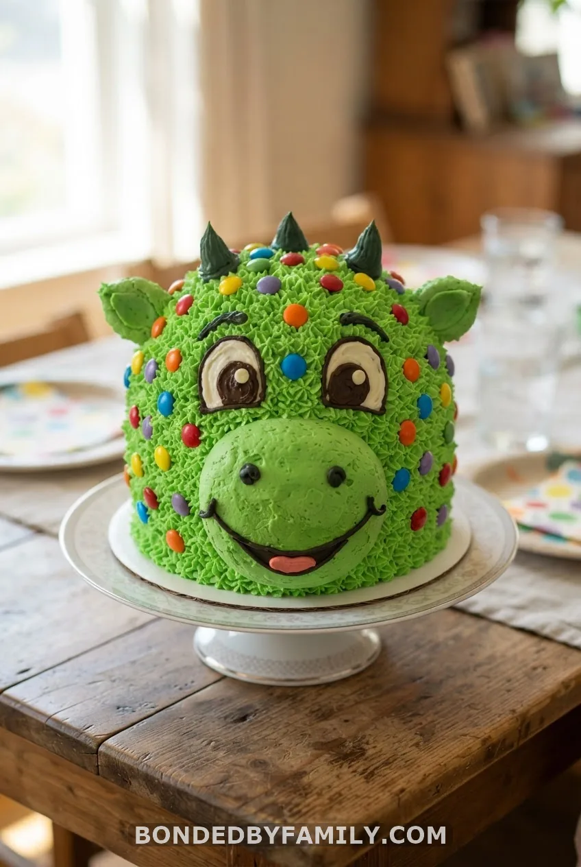 Rainbow-Spotted Friendly Dino Cake