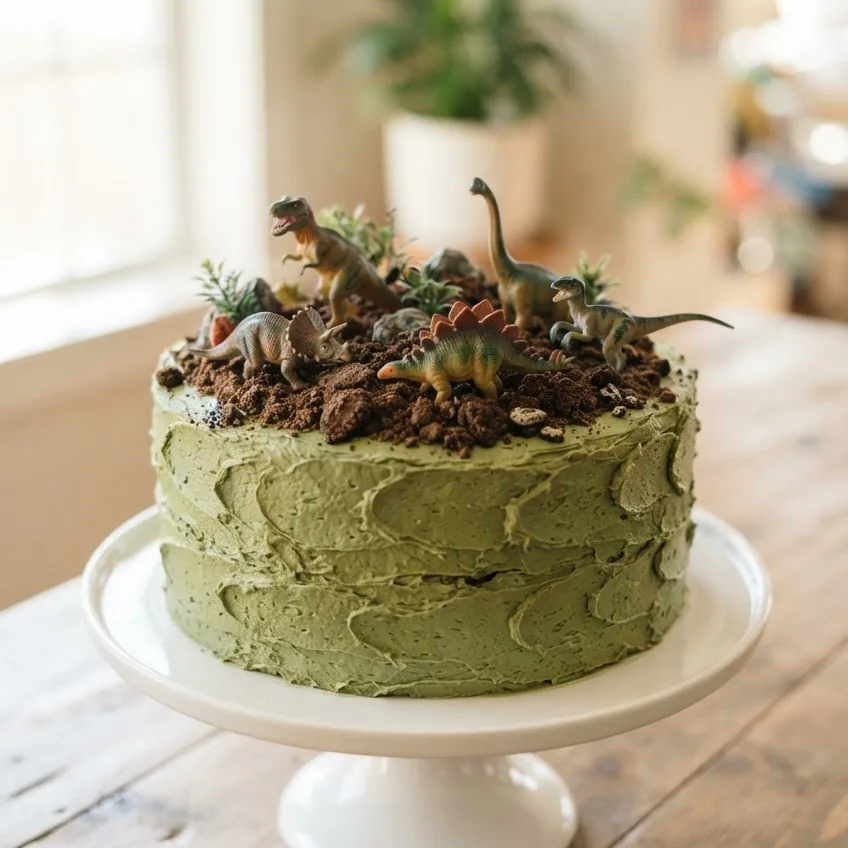 Classic Round Cake With a Plastic Dino Herd