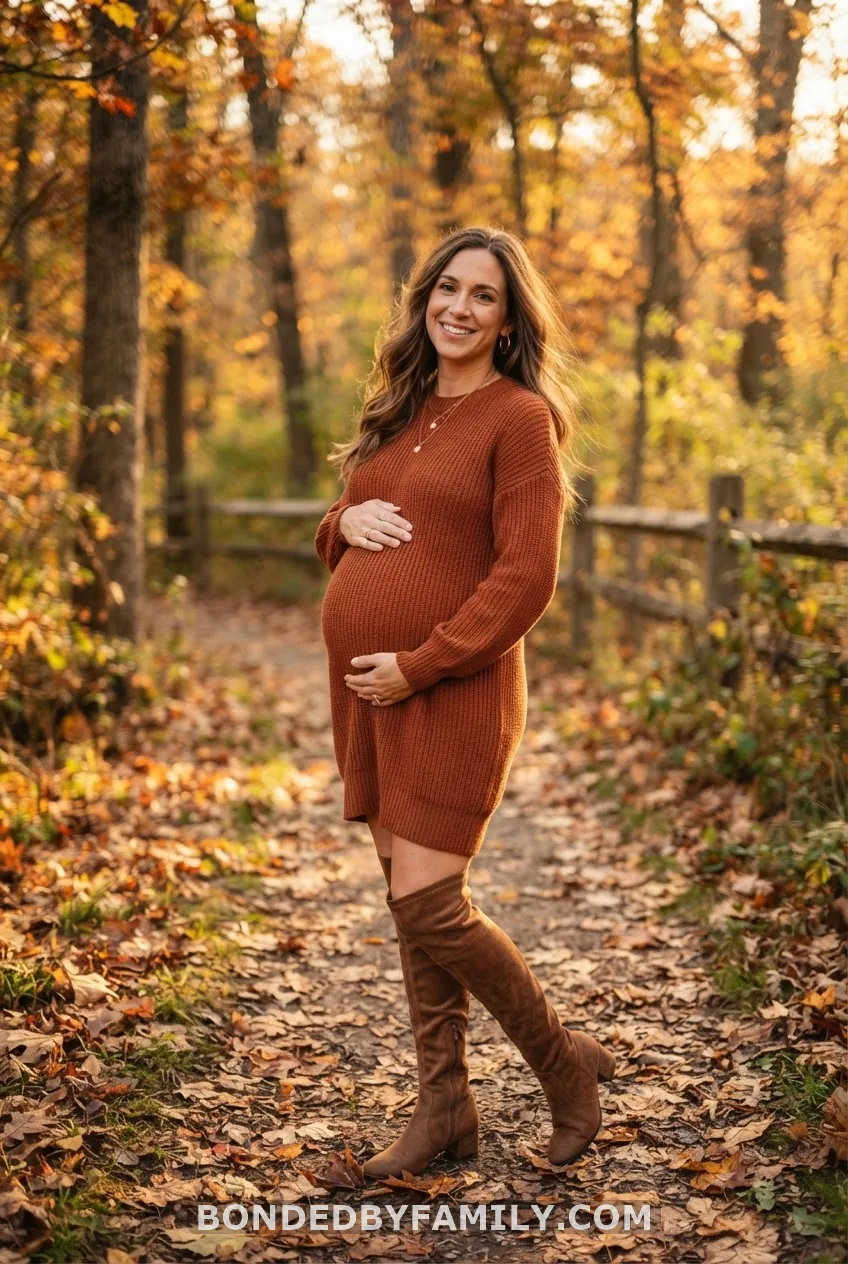Rust Sweater Dress + Over-the-Knee Boots (Mom, Team Pink or Blue)