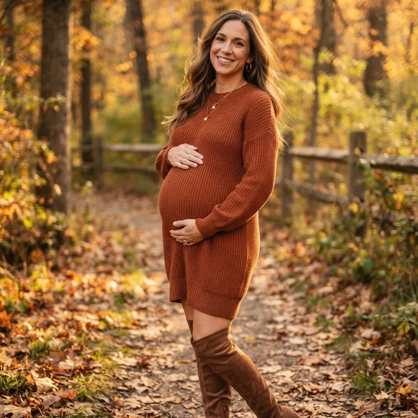 Rust Sweater Dress + Over-the-Knee Boots (Mom, Team Pink or Blue)