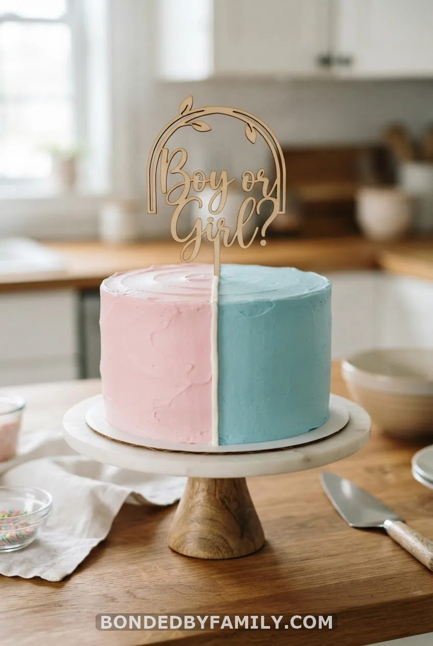 Half Pink, Half Blue Split Cake with Custom Topper
