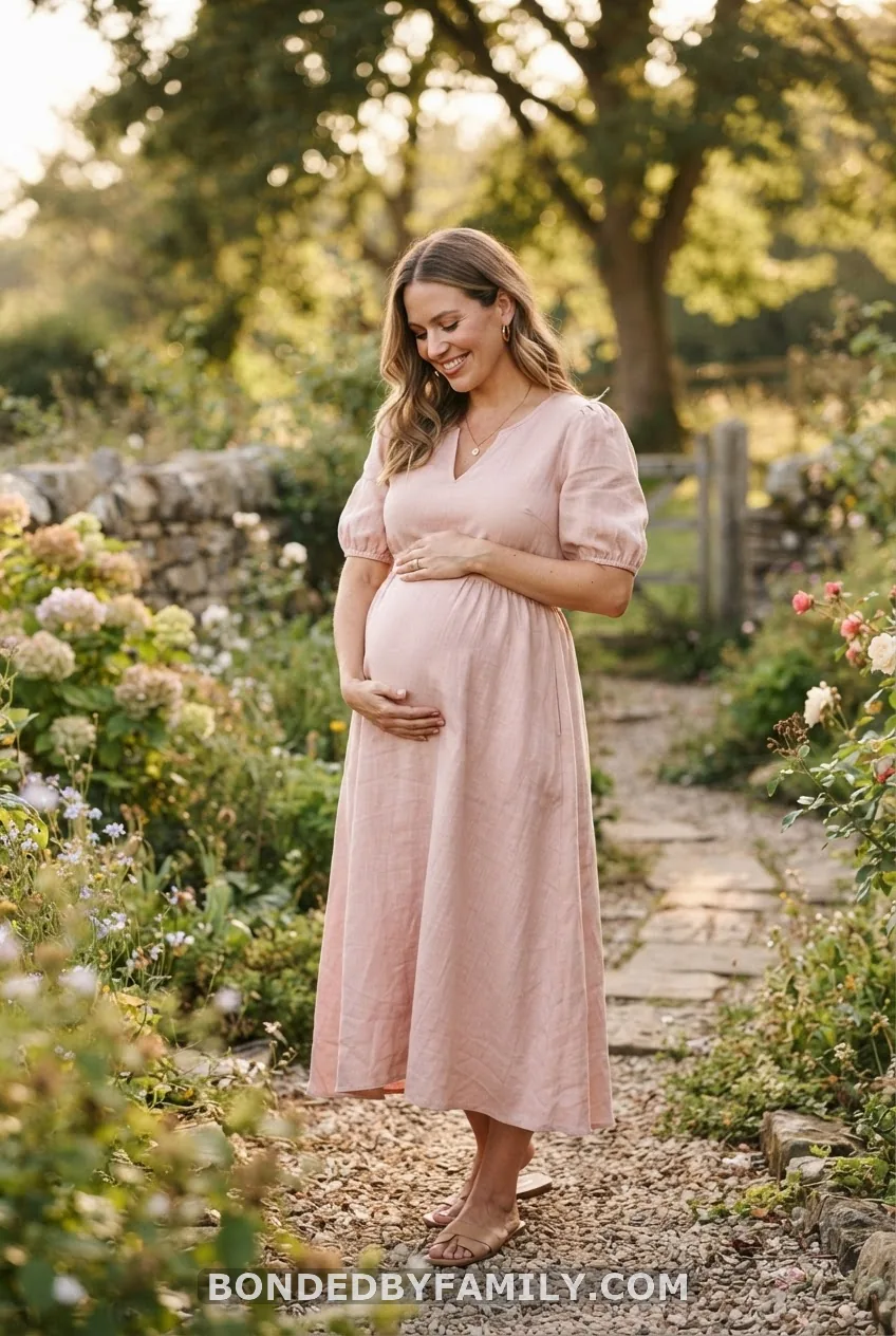 Blush Pink Linen-Look Midi Dress with Gold Jewelry