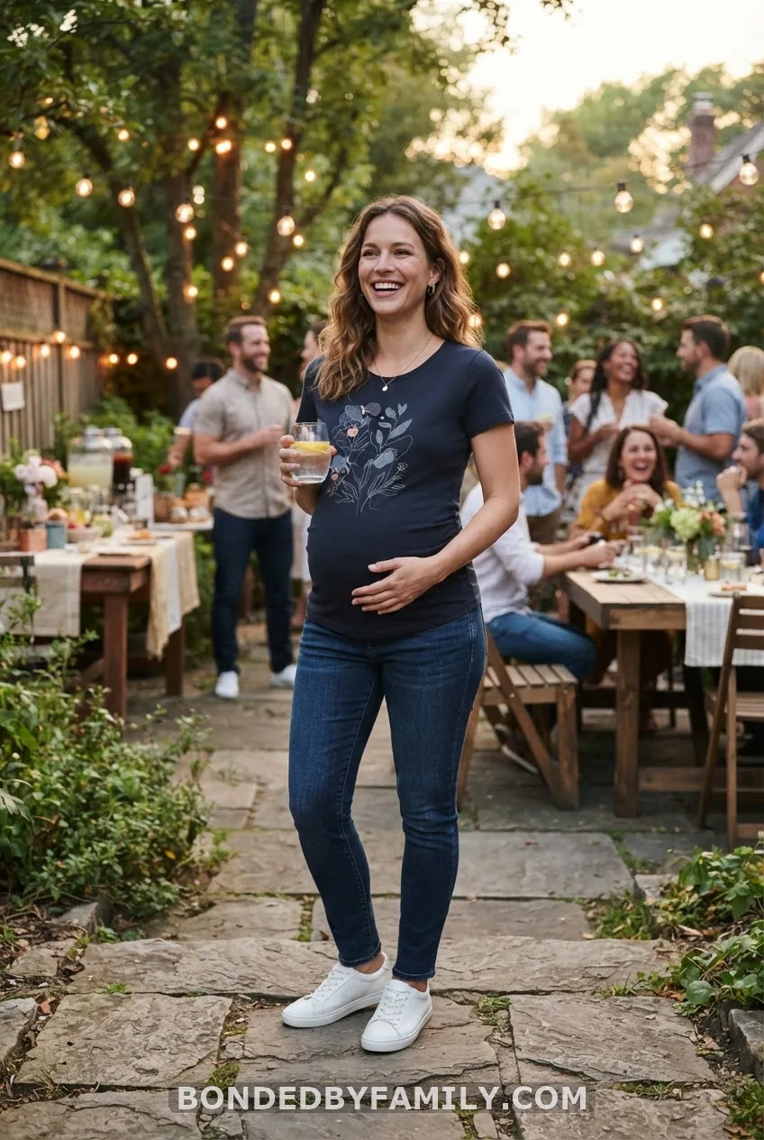 Bump Graphic Tee, Maternity Jeans & Clean Sneakers