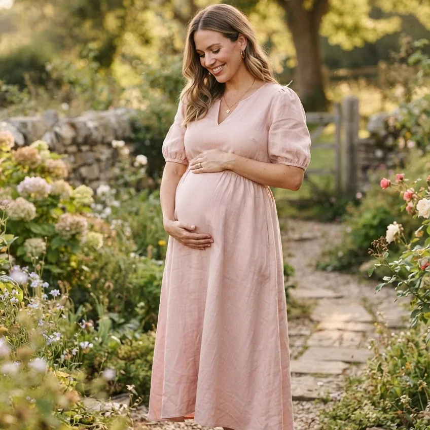 Blush Pink Linen-Look Midi Dress with Gold Jewelry