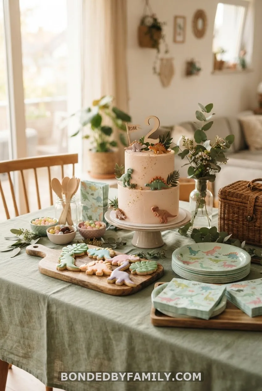 The Dessert Table: Pink Dino Cake, Cookies, and Tableware That Match