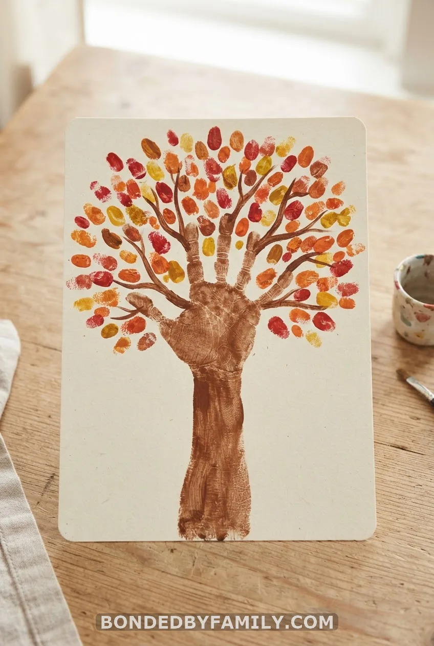 Brown Handprint Tree With Fingerprint Leaves