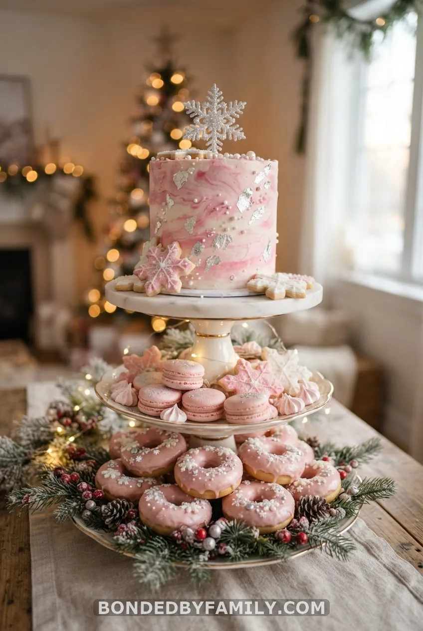 Two-Tier Marbled Pink Cake and Dessert Table