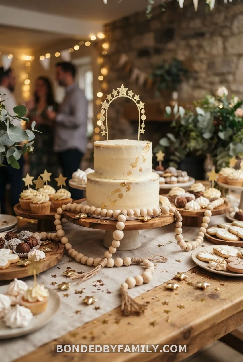 Wood-Bead Garland and Glitter Cake Topper Focal Point
