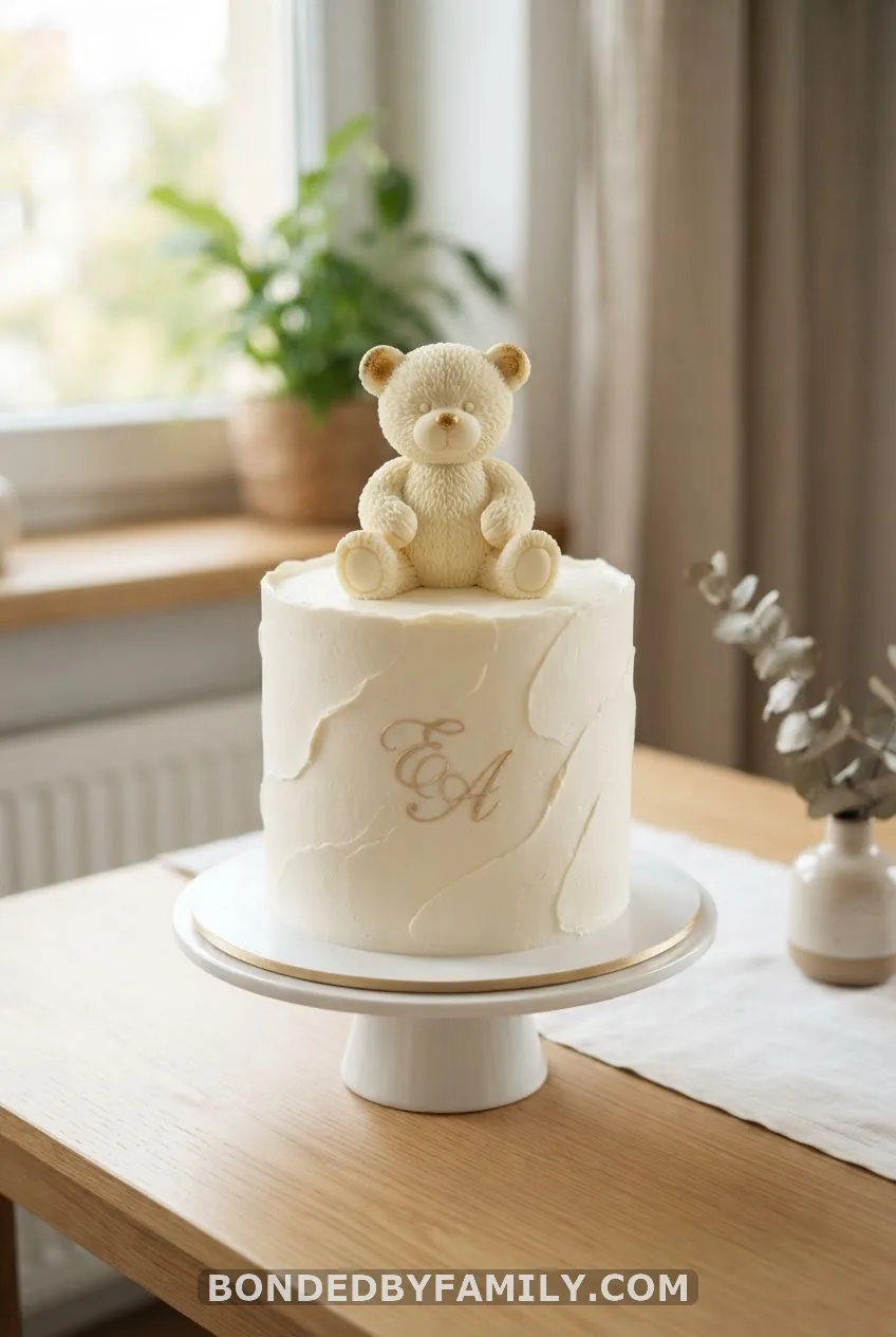 White Minimalist Teddy Bear Cake