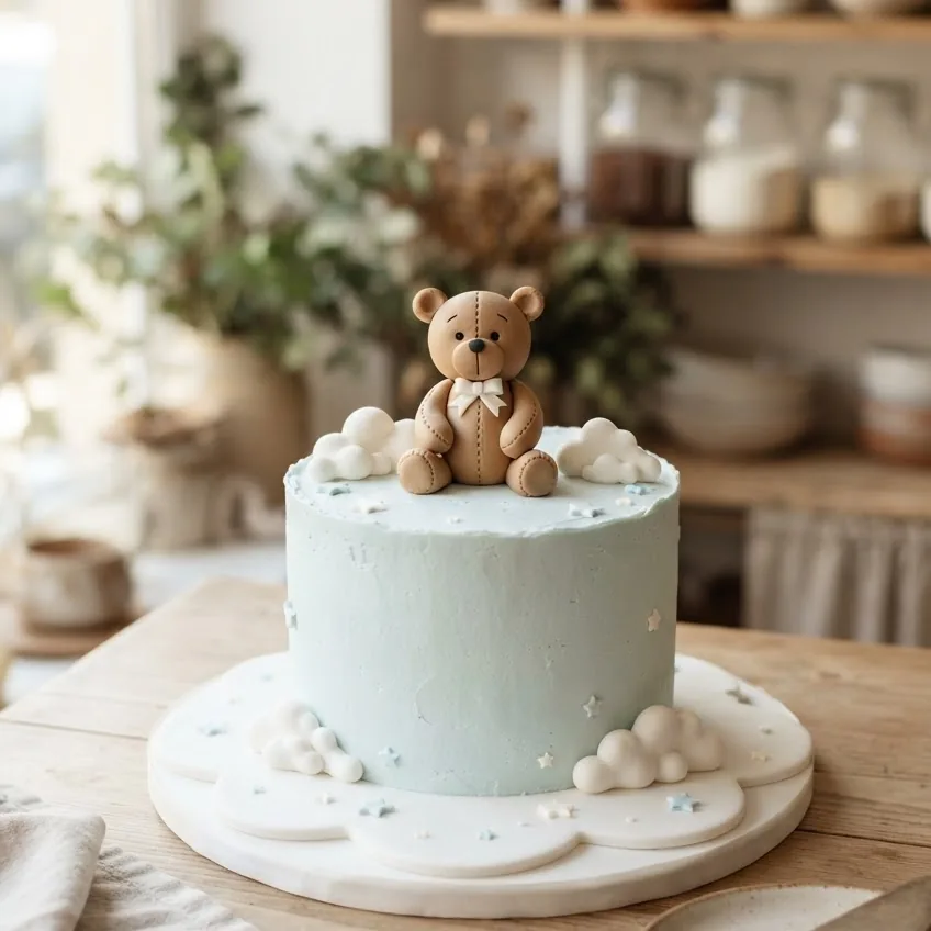 Classic Blue Teddy Bear Baby Shower Cake