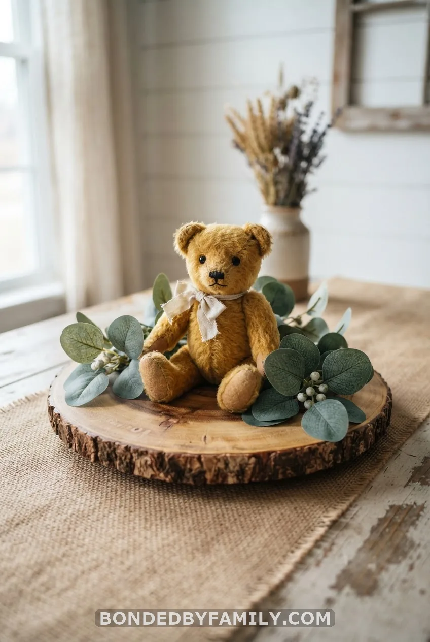 Teddy Bear on a Wood Slice With Greenery