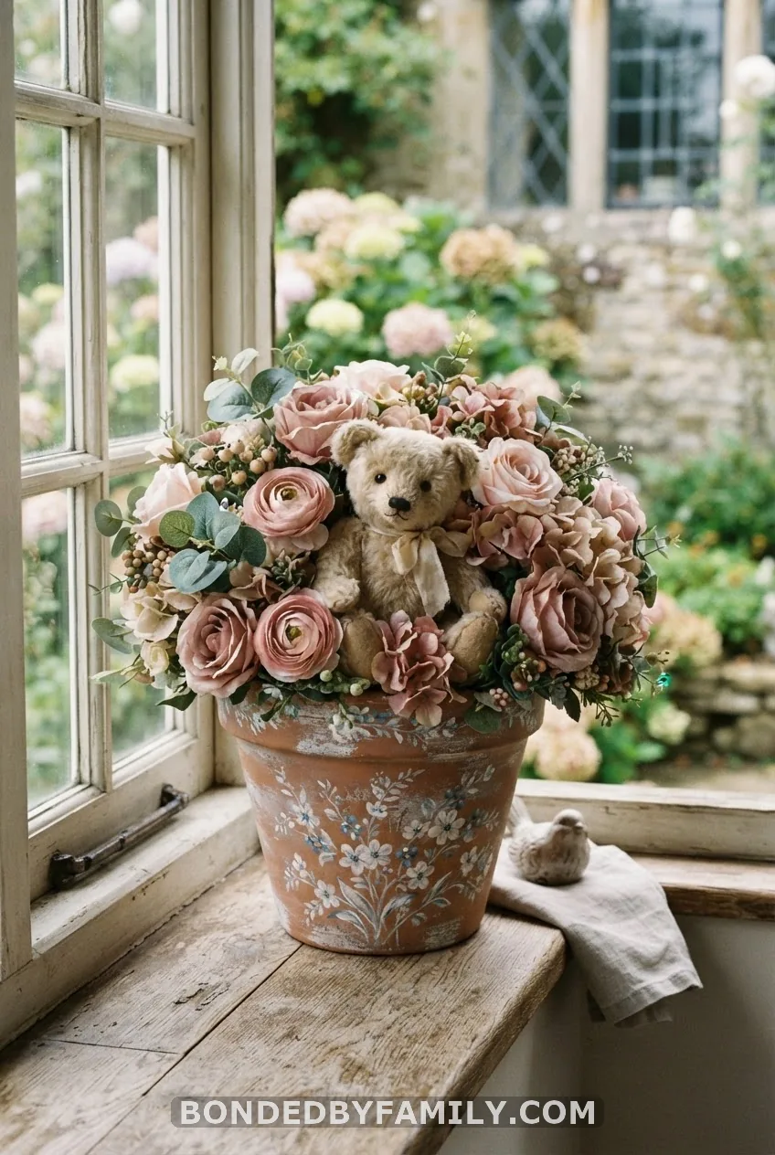 Teddy Bear Peeking Out of a Floral Pot