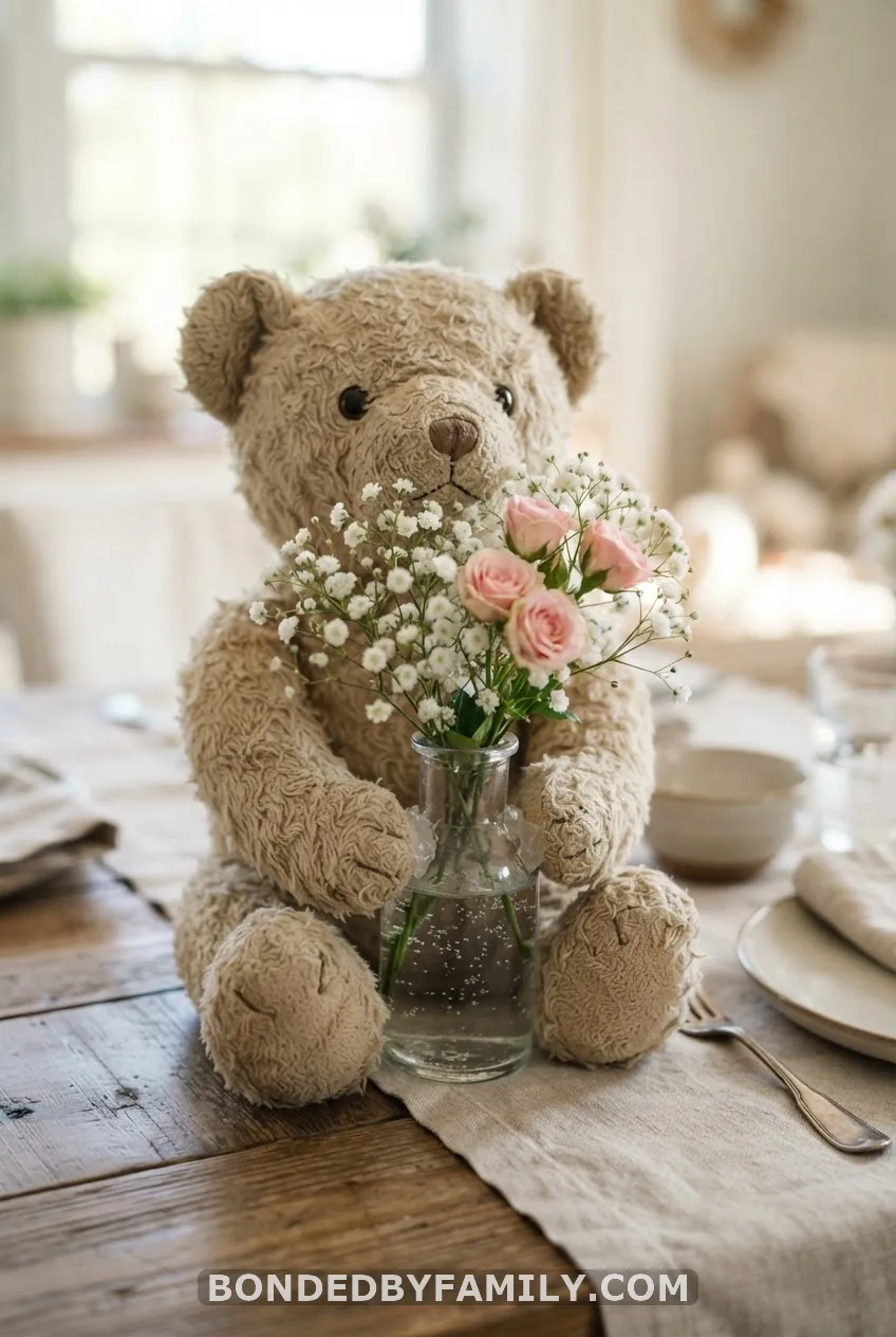Teddy Bear Holding a Vase of Flowers