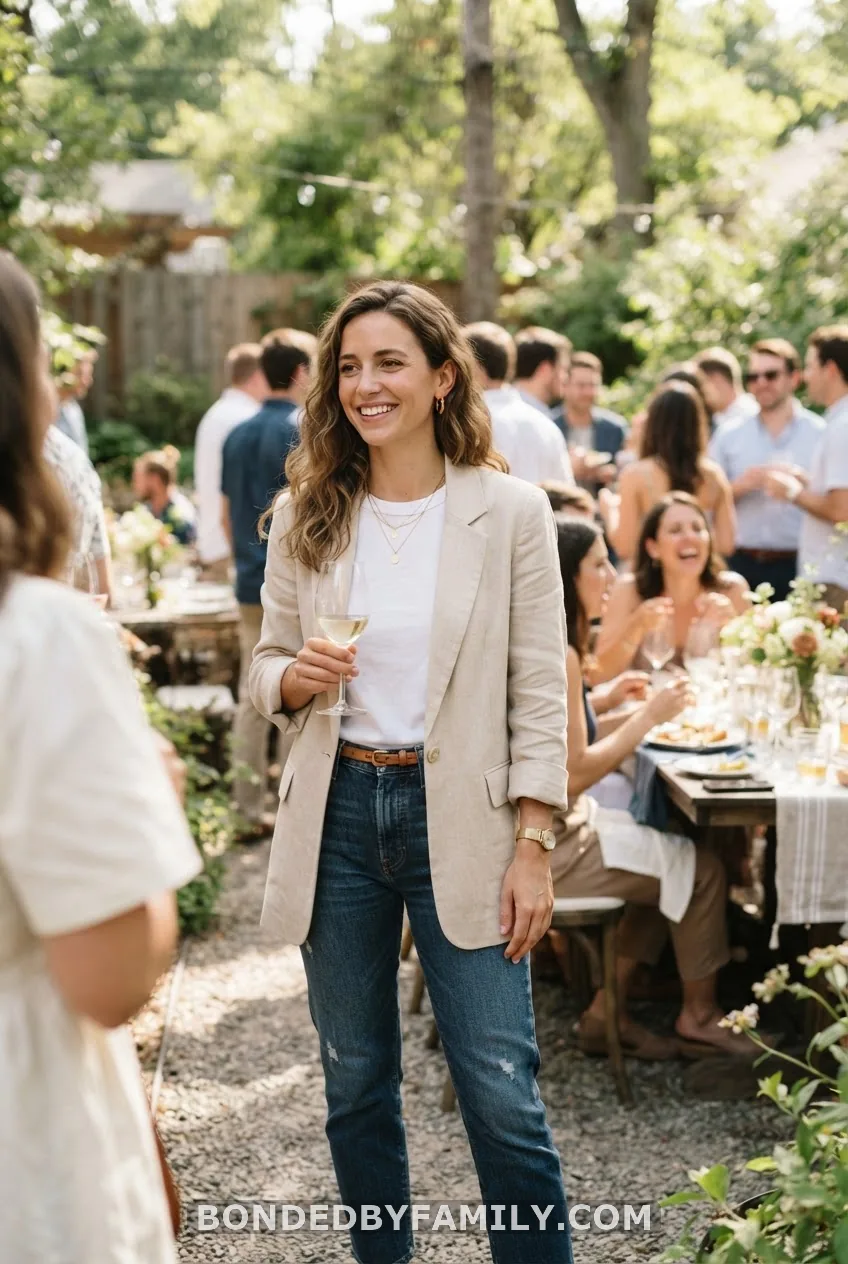 White Tee + Dark Denim + Neutral Blazer