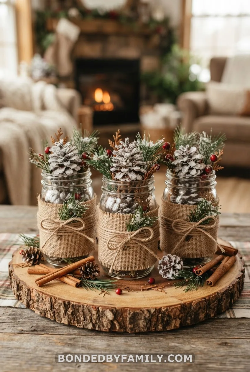 Rustic Burlap & Pinecone Mason Jar Centerpiece
