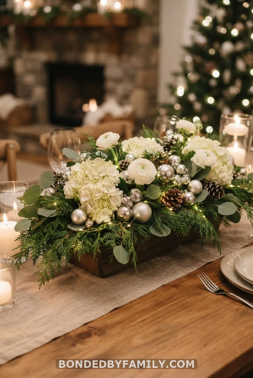 Evergreen & Floral Centerpiece with Creamy Blooms