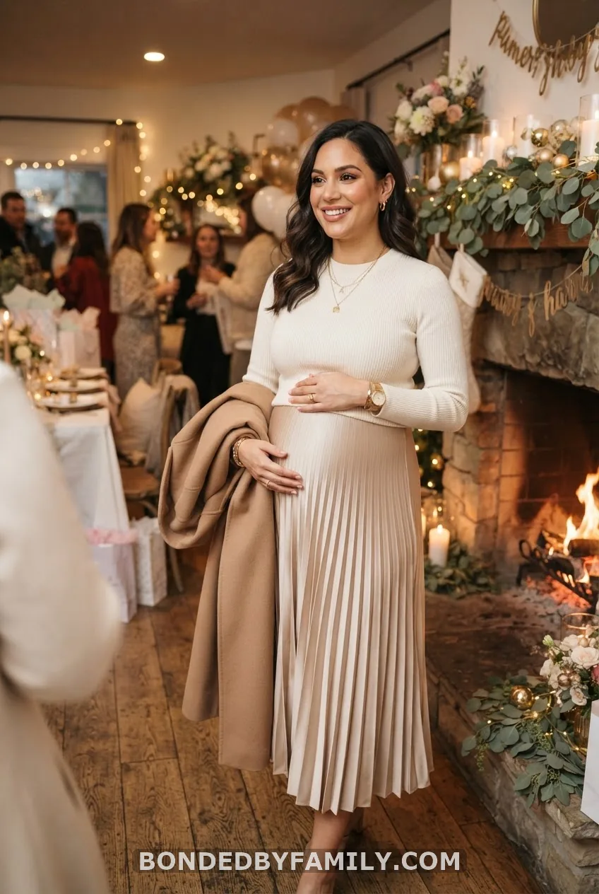 Knit Sweater + Satin Skirt + Camel Coat