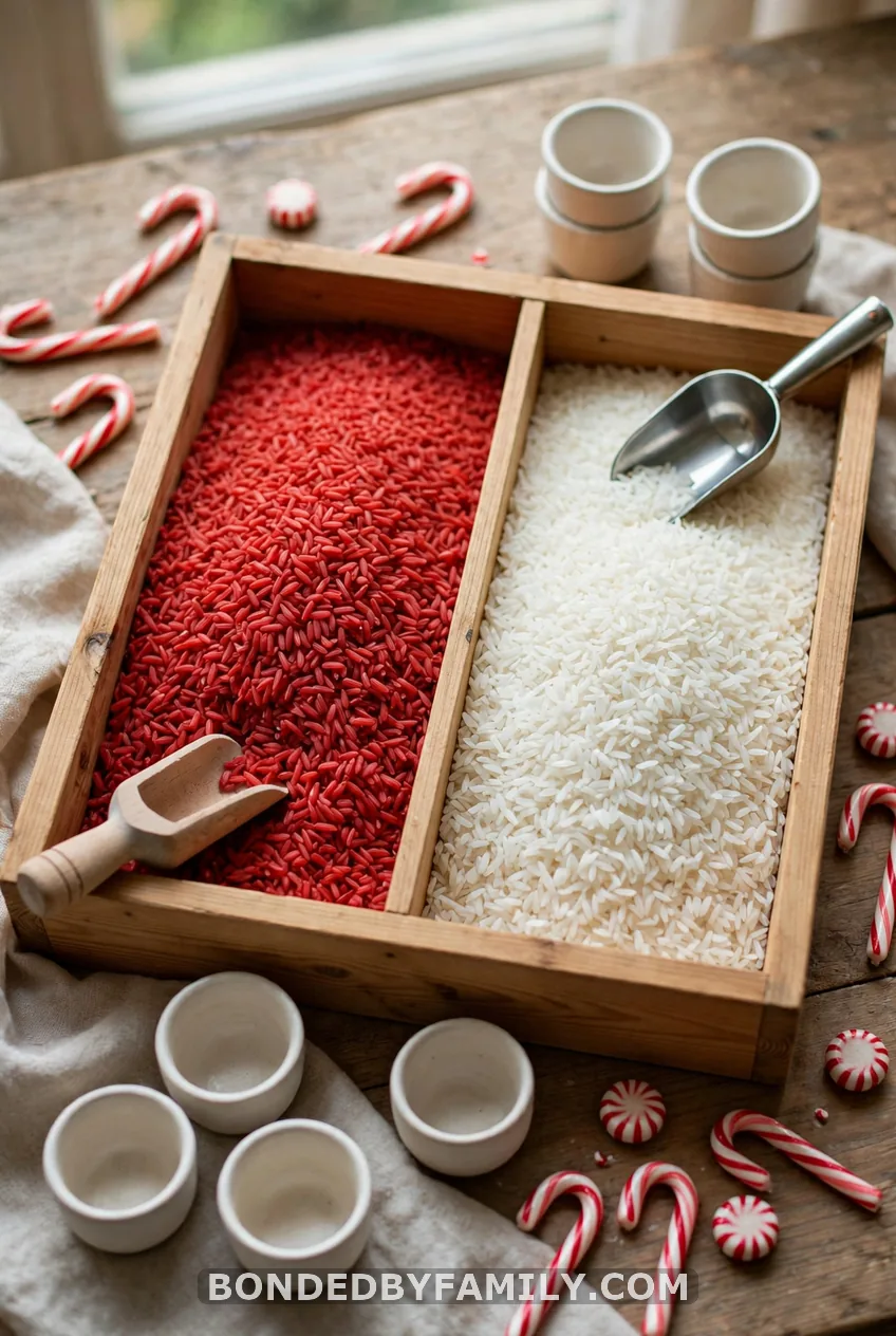 Candy Cane Rice Sensory Bin