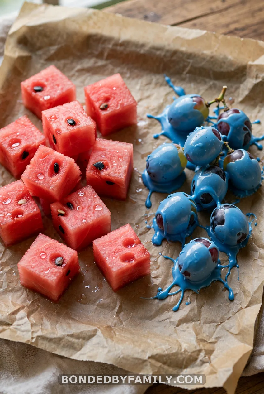 Watermelon Cubes and Blue-Dipped Grapes
