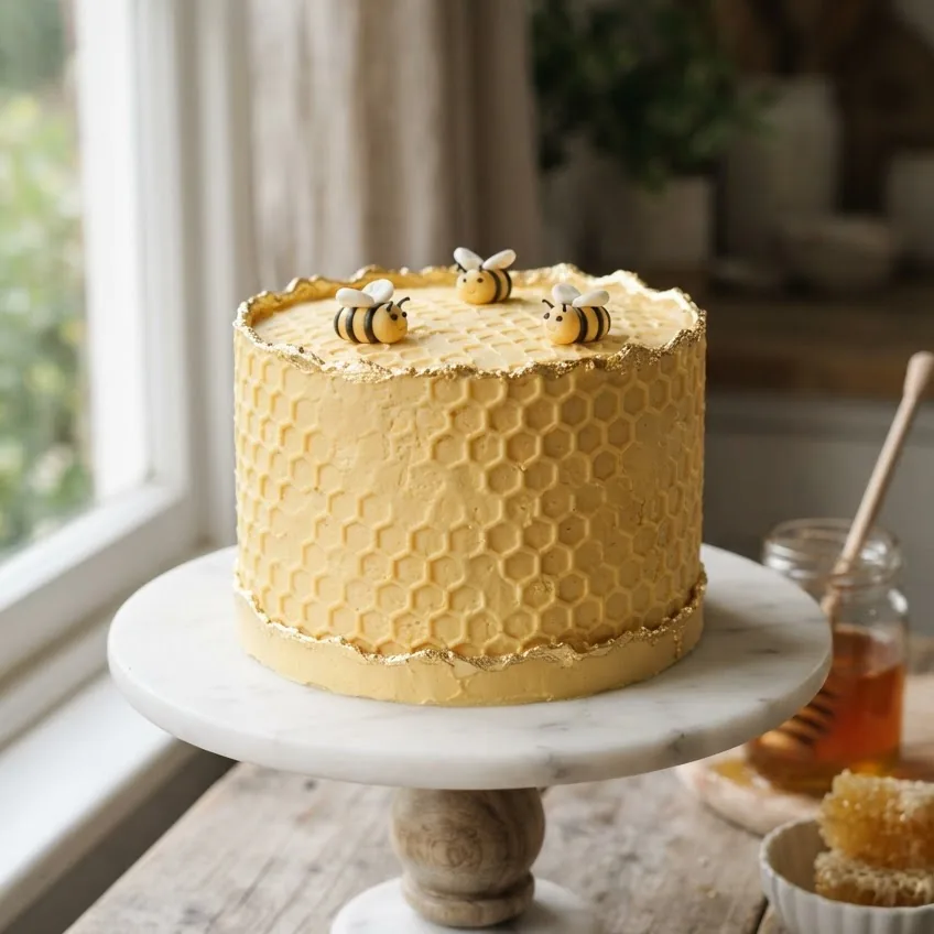 Honeycomb Yellow Cake with Fondant Bees