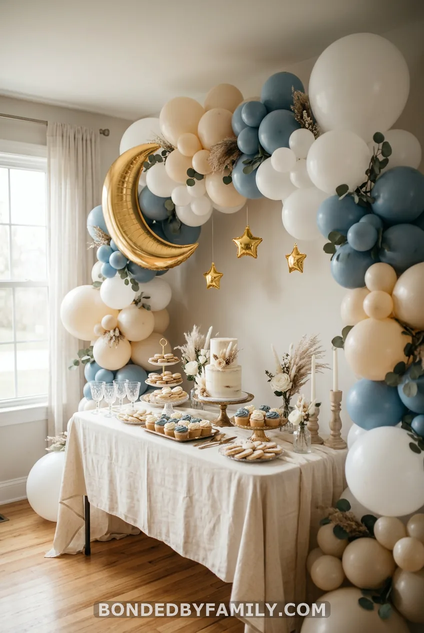 Cloud and Moon Balloon Garland Over the Dessert Table