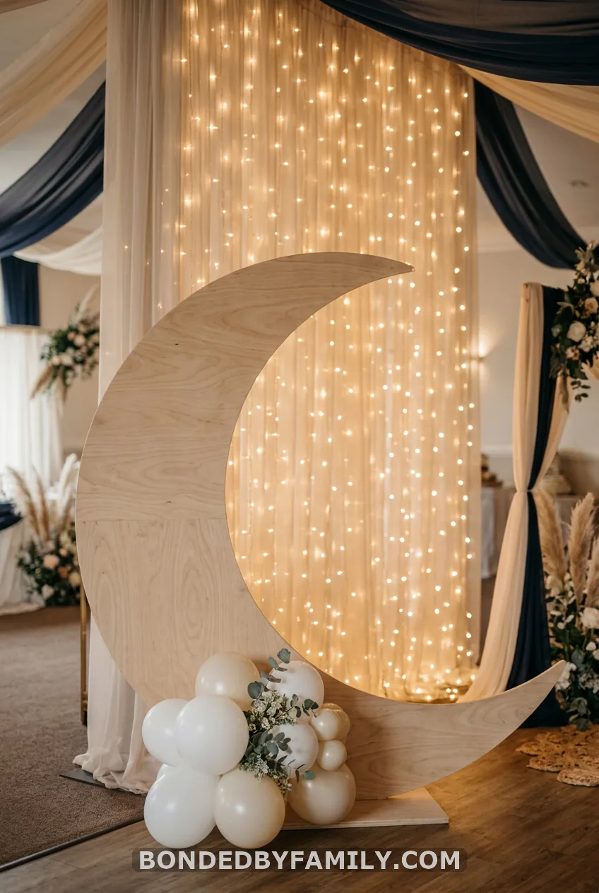 Twinkle-Light Backdrop with a "We Are Over the Moon" Sign