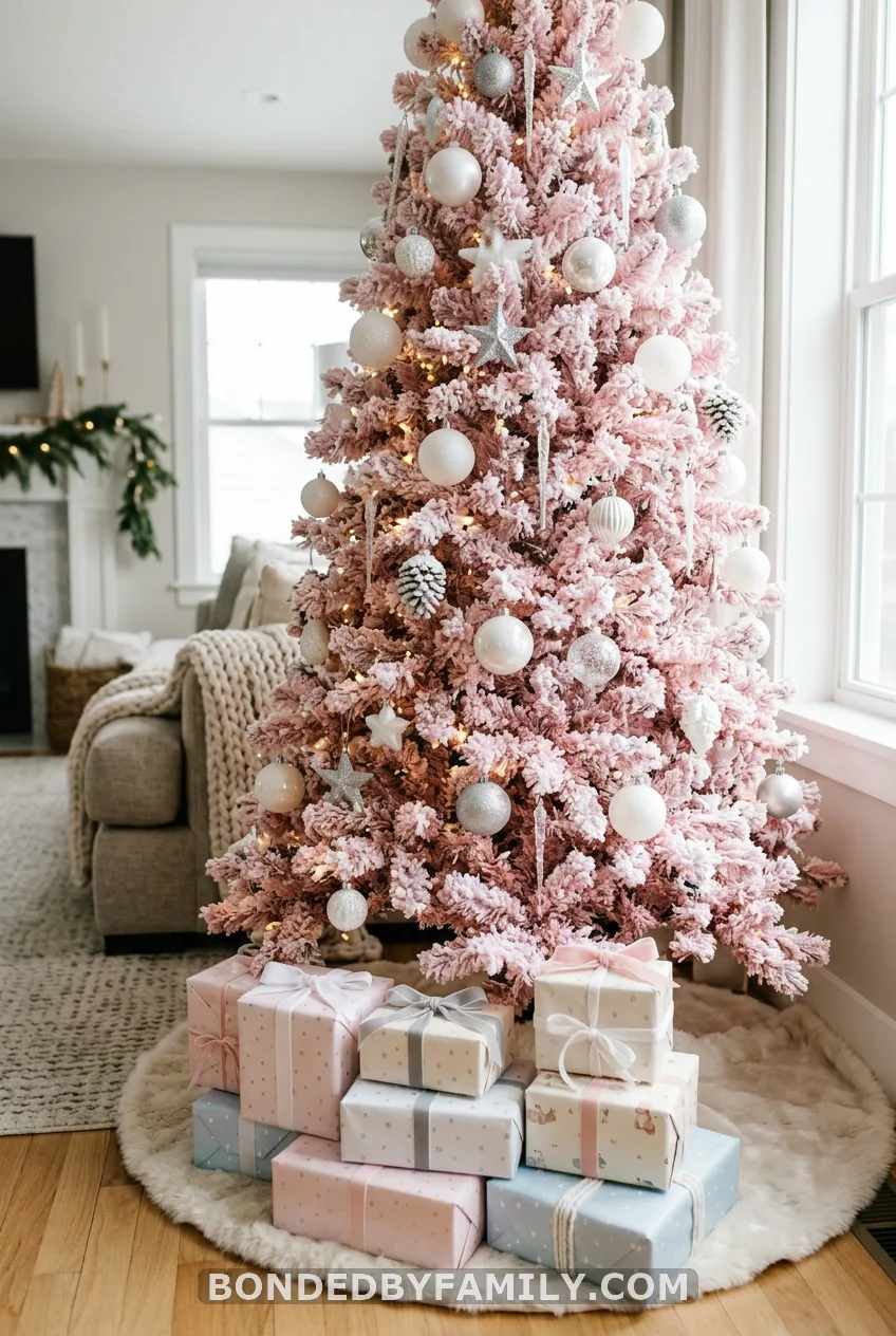 Pink Flocked Christmas Tree as the Gift Display