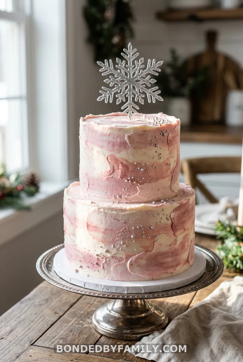 Marbled Pink Cake With a Silver Snowflake