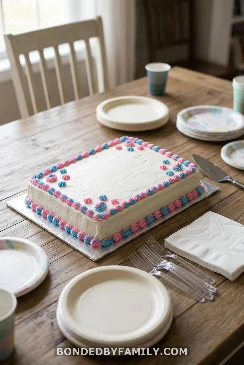 A Sheet Cake With "Promoted to Grandparents" Piped on Top