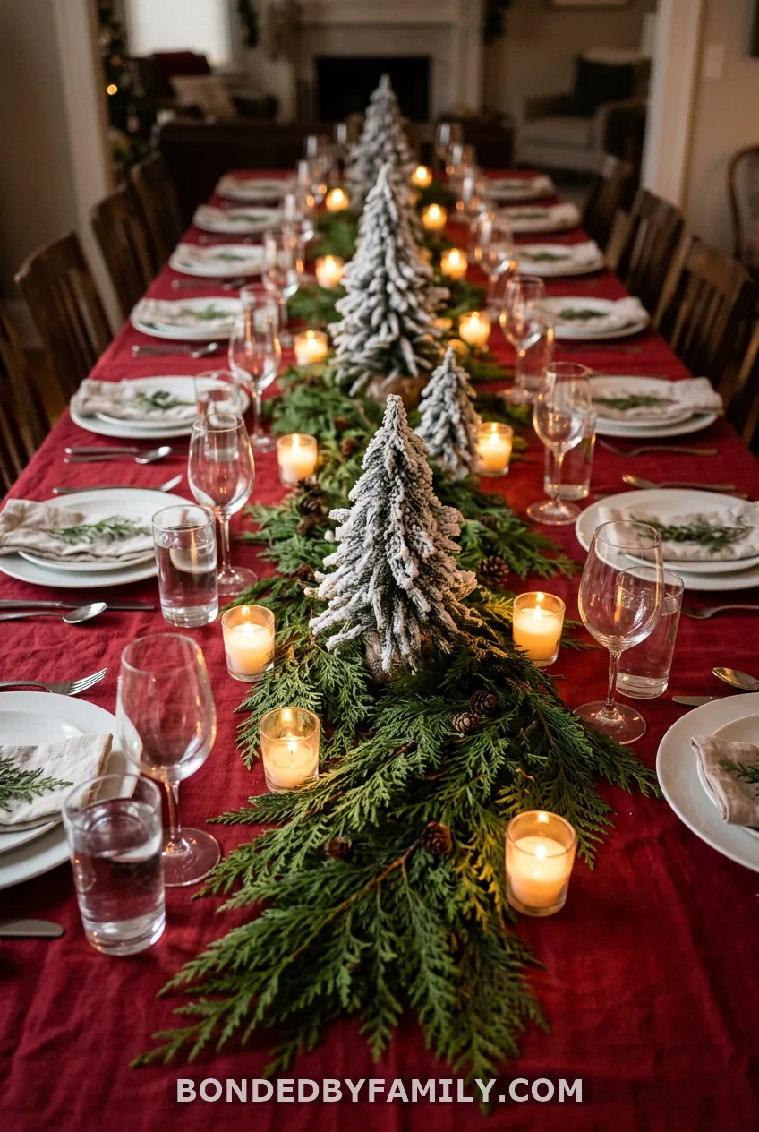 Red Tablecloth, White Plates, and a Cedar Runner