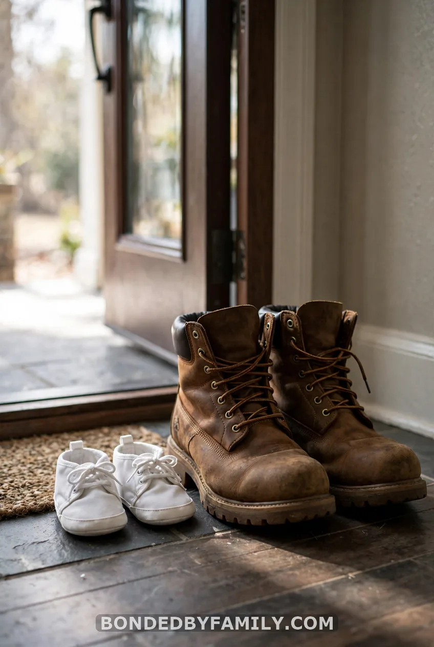 Baby Shoes Beside His Work Boots